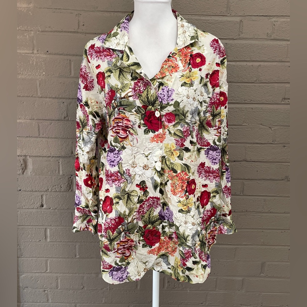 Soft Surroundings Floral Button-Front Tunic in Cream with Red, Purple & Green